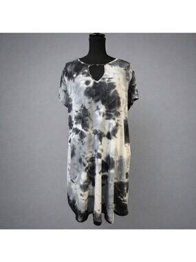 Vibe Sportswear 3X Tie‑Dye Keyhole Dress w/ Pockets Black Gray White Plus Size C
